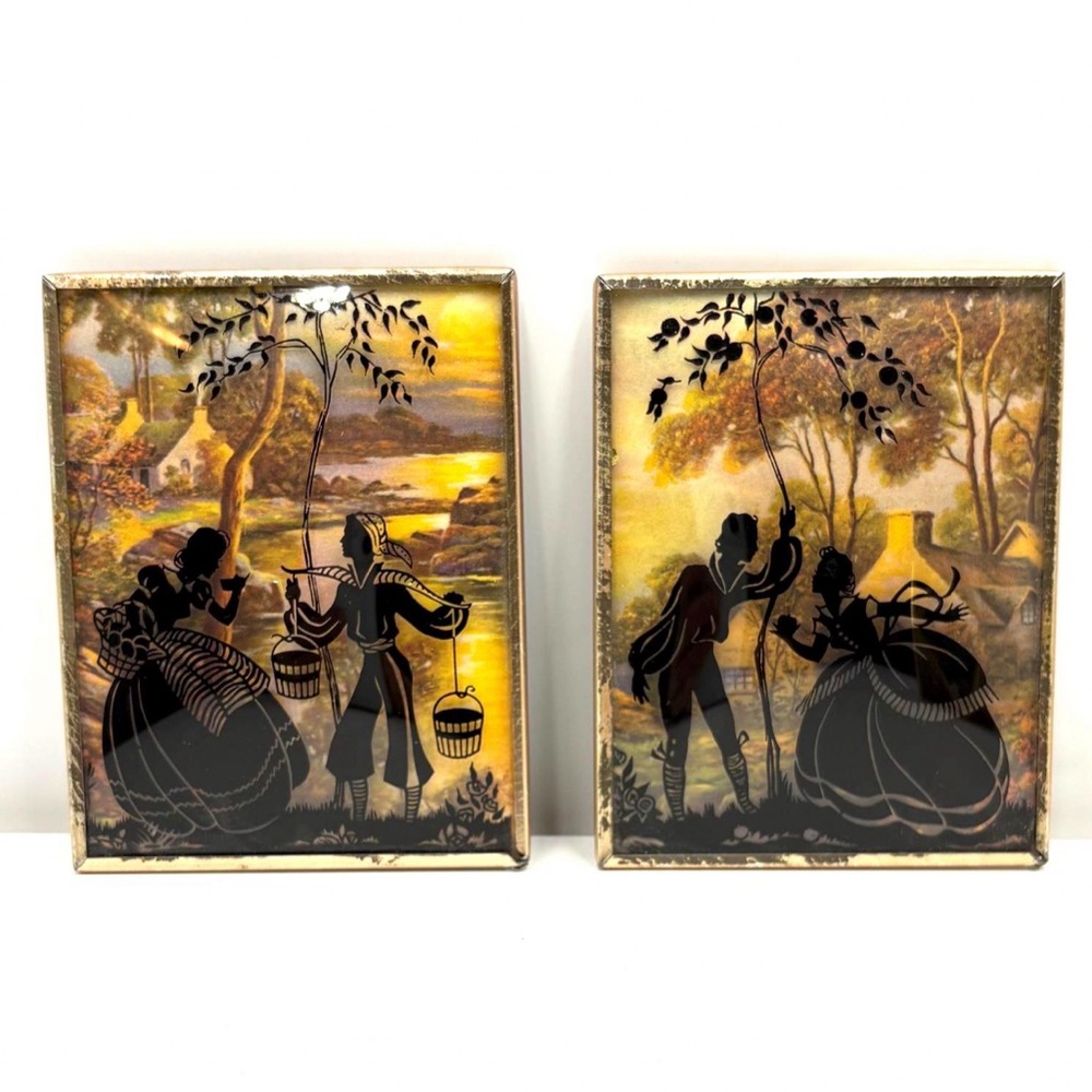Vintage Silhouette Pictures with Convex Glass, Brass Frames, Set of 2